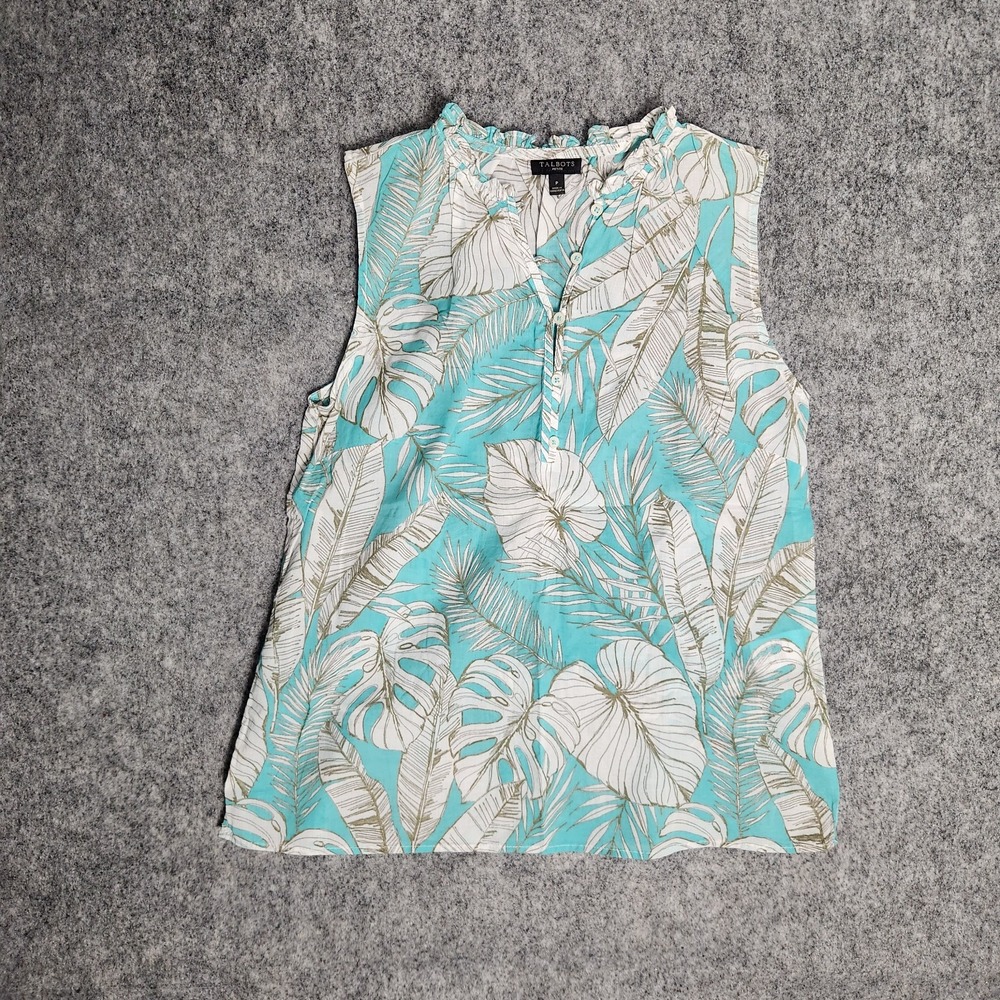 Talbots Petite Floral Shirt Women‎ P Blue White Leaf Print Sleeveless Top Button